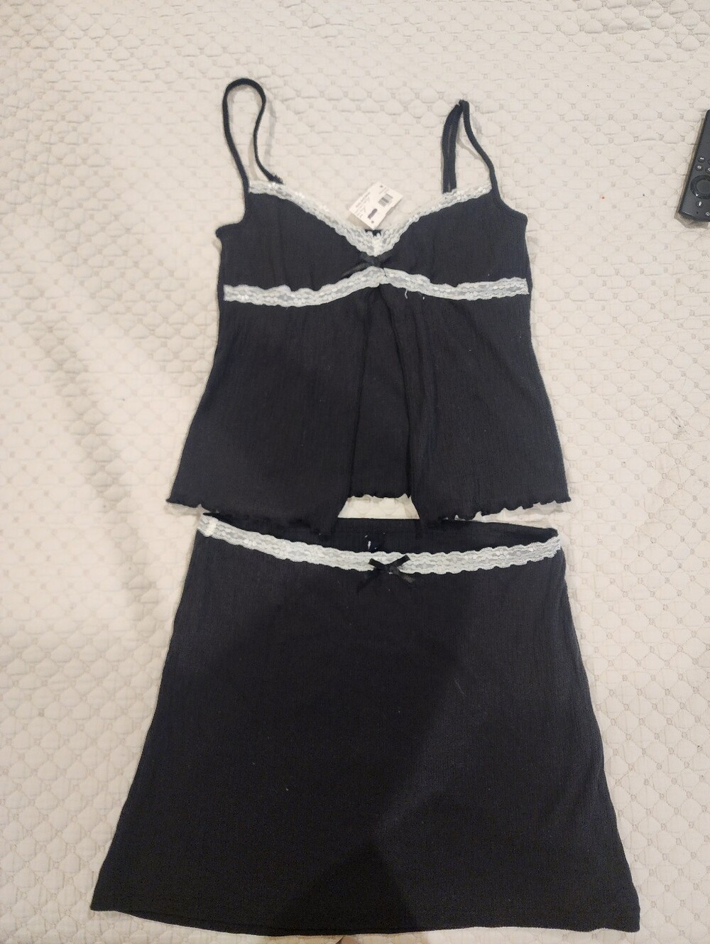 SHEIN Black Sleep Cami Top and Skirt Set with White Lace